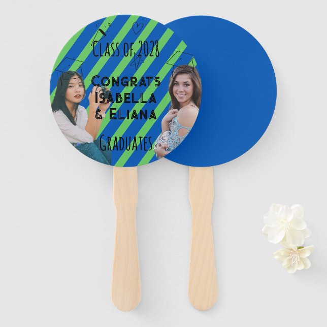 Doodles Black Blue and Lime Green Graduation Hand Fan (Front and Back)