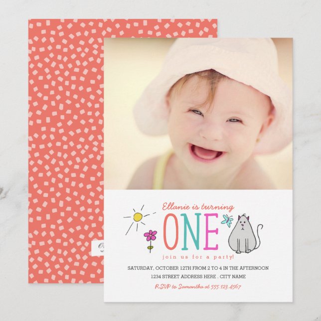 Doodles colorés 1er anniversaire Invitation de fêt (Devant / Derrière)