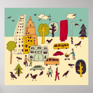 Doodles urban park landscape walking color city li poster
