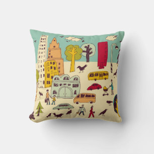 Doodles urban park landscape walking color city li throw pillow