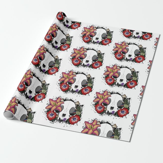 Doom and Bloom Cat Skull Wrapping Paper (Unrolled)