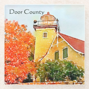 Door County Eagle Bluff Lighthouse Watercolor Glass Coaster