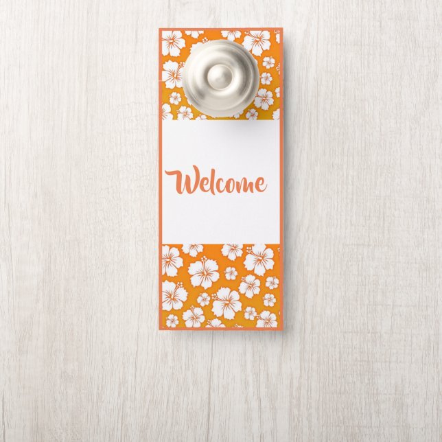 Door Hanger-Welcome Orange & White Hibiscus Print Hanger (On Knob)