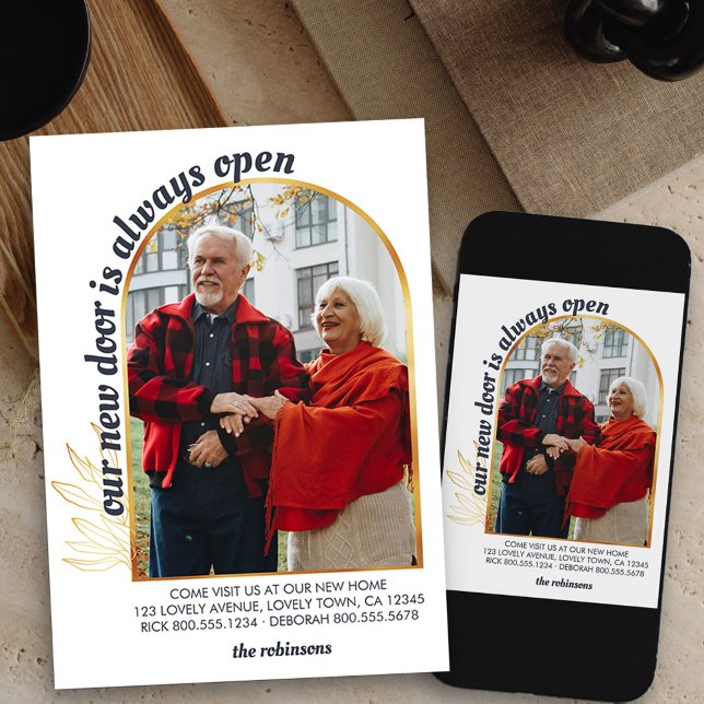 Door is Always Open Gold Arch Photo Grey Moving Announcement (Arch photo new address moving announcement card available printed or as printable digital download)