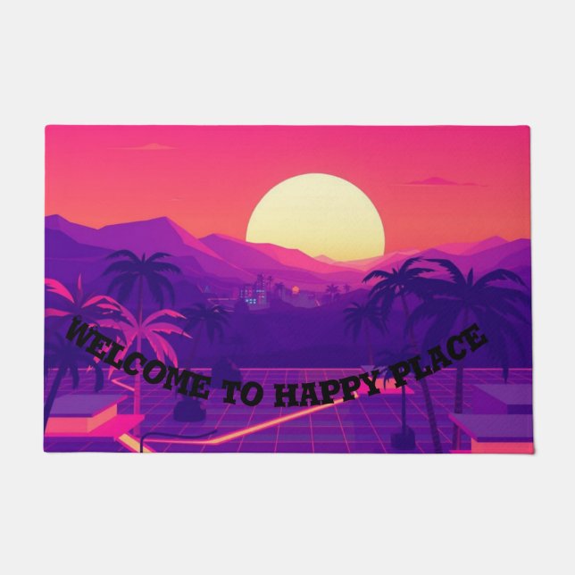 Door mat welcome to Happy Place | Retro Sunset Doo (Front)