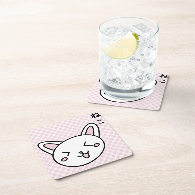 Door pink kitty square paper coaster (Insitu)