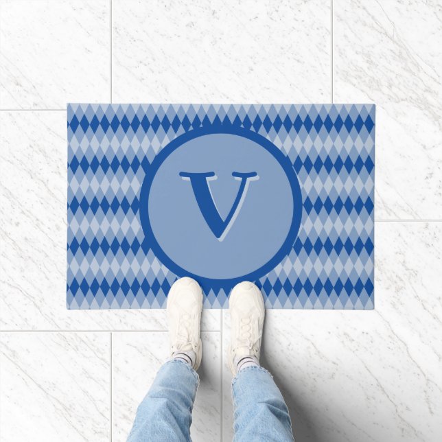 Doormat - Argyle Pattern in Blue with Monogram (Indoor)