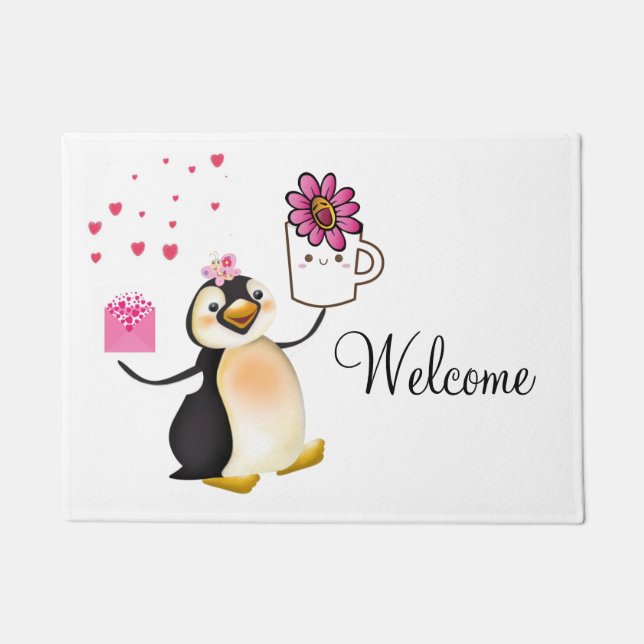 Doormat Happy Valentine's Day Penguin Hearts (Front)
