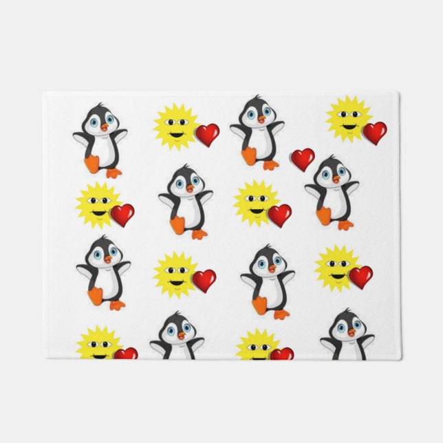 Doormat Happy Valentine's Day Penguin Hearts (Front)