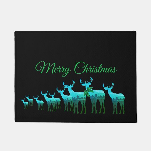 Doormat-Merry Christmas Blue-Green Deer/Elk Doormat (Front)