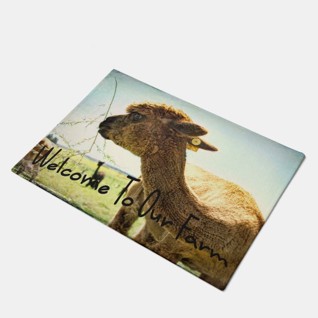Doormat "Welcome To Our Farm" Young Alpaca (Angled)