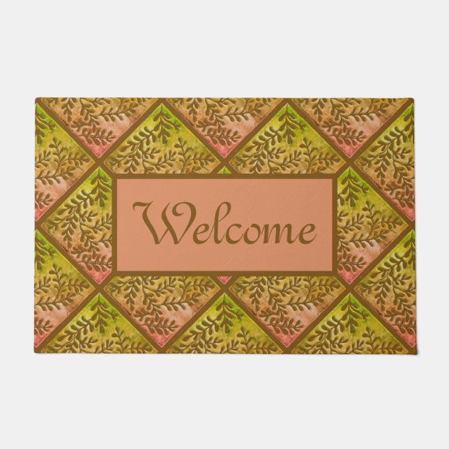Doormat with foliage in lime, brown and peach (Front)