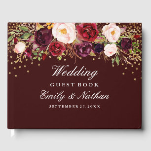 D'or Burgundy Confetti Floral Mariage Livre d'hôtes
