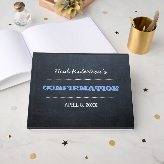 D'or Chalkboard Blue Confirmation Livre d'invité (Recto ouvert)