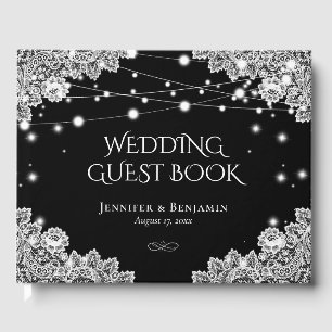 D'or Élégant livre d'hôtes Mariage noir et dentelle