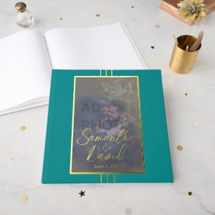D'or Jewel Tone Bleu Photo Mariage Foil Livre d'invité