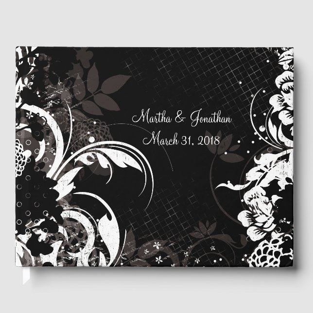 D'or Livre d'invité Mariage Floral Blanc Noir (Recto)
