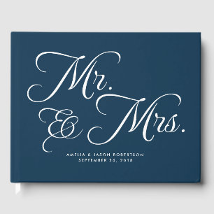 D'or Livre d'invité mariage, Mr & Mrs, Marine et blanc