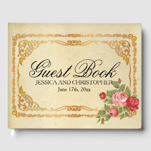 D'or Livre d'invité Mariage vintage rose et rouge Roses
