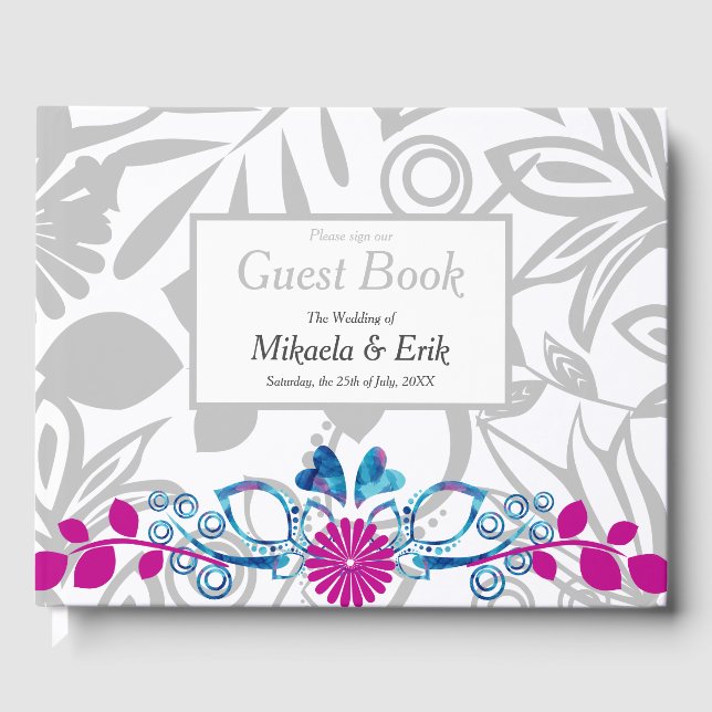 D'or Livre d'invités Pink Blue Grey Motif Floral (Recto)