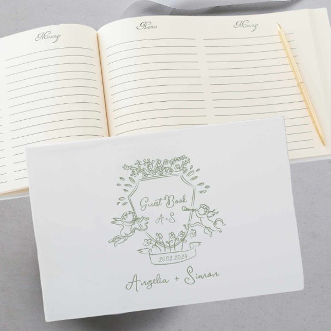 D'or Livre d'invités Sage Green Crest dessiné à la main (sage green vintage crest wedding guest book features hand drawn cherub illustration )