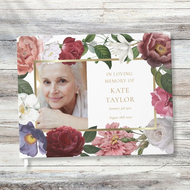 D'or Rose Floral Funeral Memorial Photo Livre d'invité (Roses Floral Funeral Memorial Photo Guest Book)