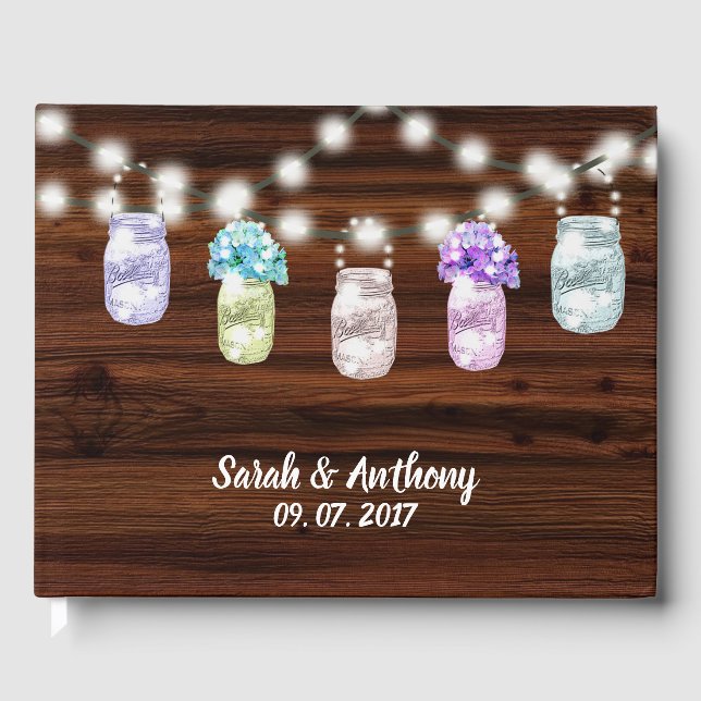 D'or Rustic Mason Jar avec lumière Mariage livre d'hôte (Recto)