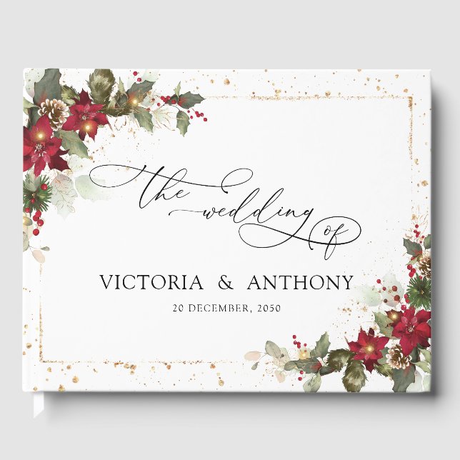 D'or Rustic Pine Poinsettia Mariage livre d'hôtes (Recto)