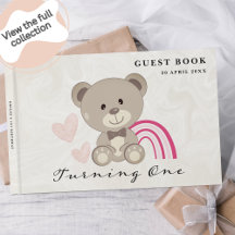 Teddy Bear 1er Anniversaire Livre d'Invité rose