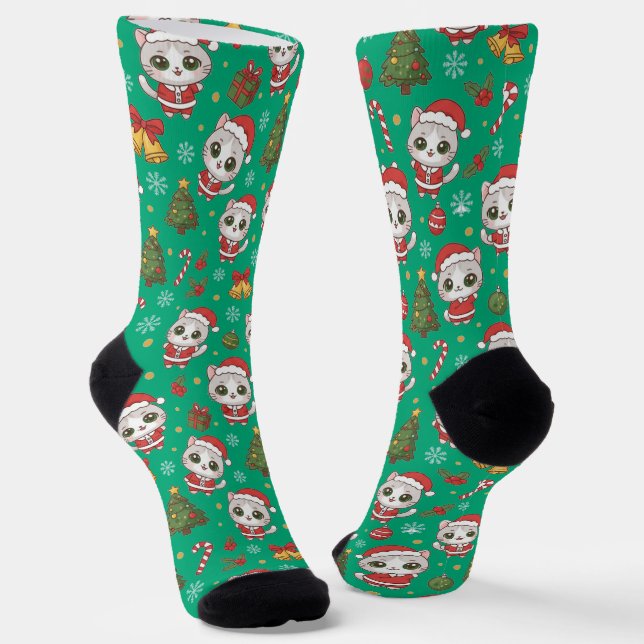 dorable Kitten And Christmas Icons Pattern Holiday Socks (Angled)