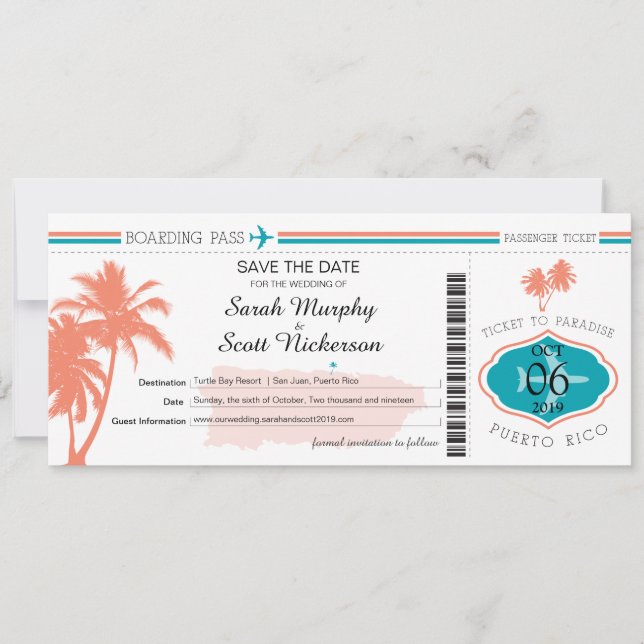 Dorado Beach Puerto Rico Boarding Pass Save The Date (Front)