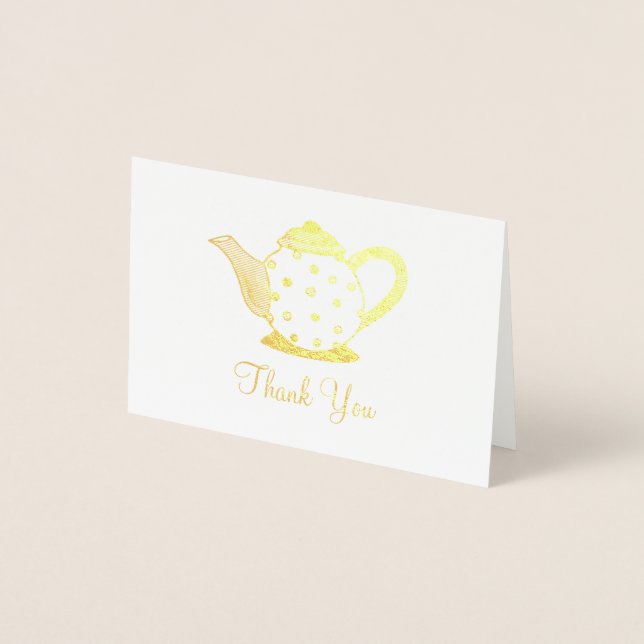Dorée Carte de remerciement pour douche avec théière à p (Devant)