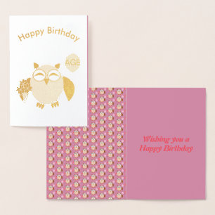 Dorée Carte d'huile de hibou d'anniversaire personnalisé