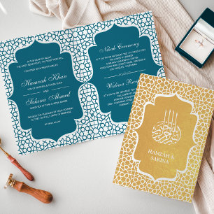 Dorée Carte d'invitation de mariage musulmane perse bleu