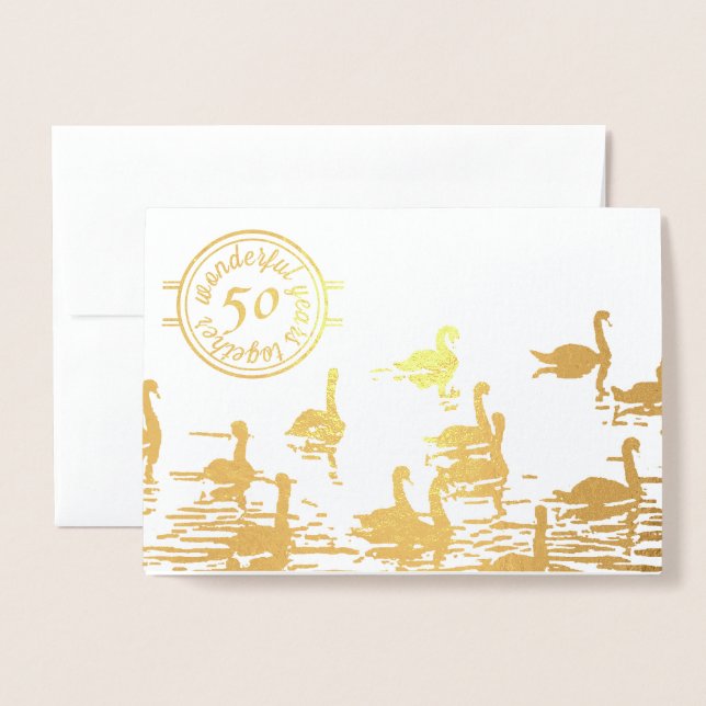 Dorée Carte Swan 50e anniversaire mariage d'or (Devant avec enveloppe)