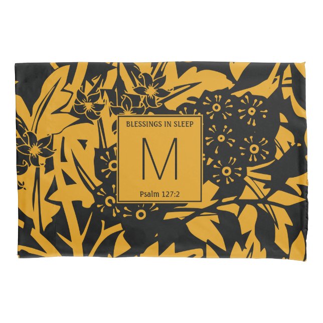 D'oreillers Housse de coussin à monogramme floral jaune noir (devant)