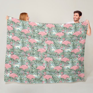 Dorm Fleece Blanket With Pink Flamingos Palm Leafs