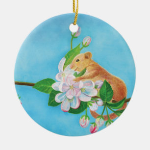 Dormouse and apple blossoms illustration ceramic ornament