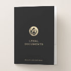 Dossier de documents juridiques noirs avec logo or