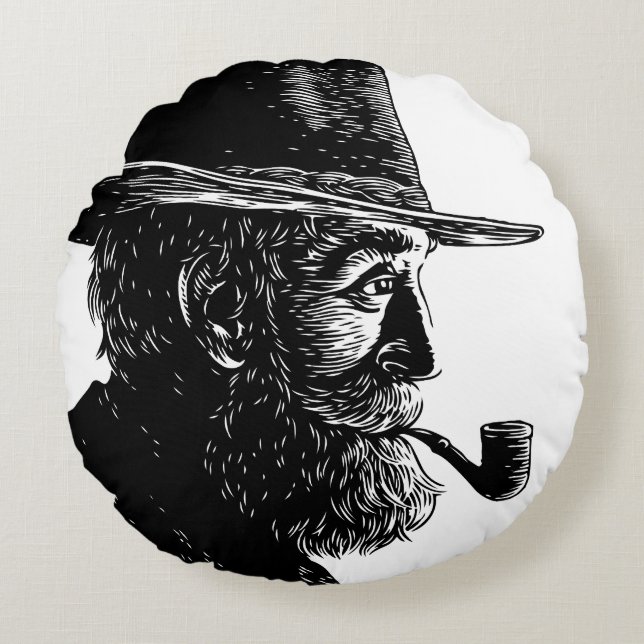 Dot and Line Portrait: Wise Old Man Smoking a Pipe Round Pillow (Front)