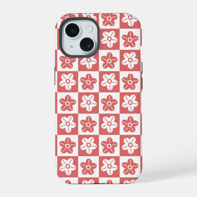 Dot Flower Red White iPhone 15 Case (Back)