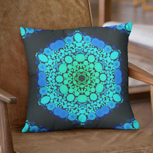 Dot Mandala Flower Blue and Green Throw Pillow