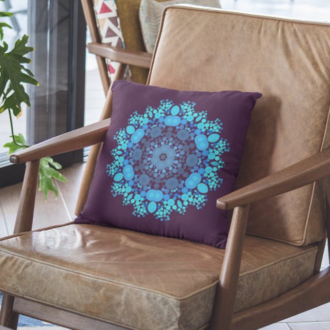 Dot Mandala Flower Blue and Purple Throw Pillow (Creator Uploaded)