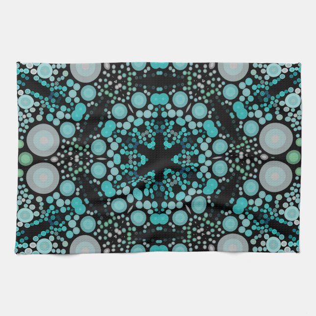 Dot Mandala Flower Blue Green and Grey Kitchen Towel (Horizontal)