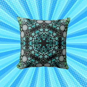 Dot Mandala Flower Blue Green and Grey Throw Pillow