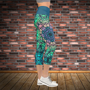Dot Mandala Flower Blue Green and Pink Capri Leggings