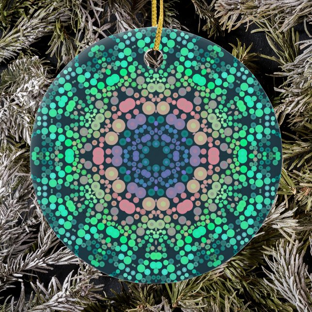 Dot Mandala Flower Blue Green and Pink Ceramic Ornament (Creator Uploaded)