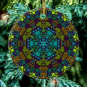 Dot Mandala Flower Blue Yellow and Pink Ceramic Ornament