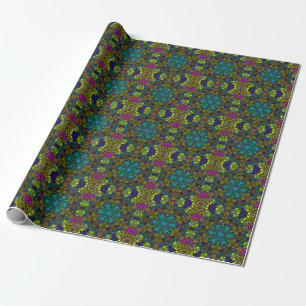 Dot Mandala Flower Blue Yellow and Pink Wrapping Paper