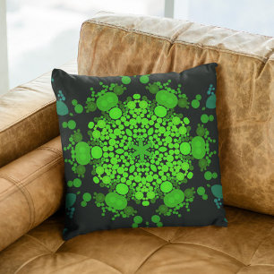 Dot Mandala Flower Green and Black Throw Pillow